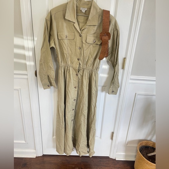 Vintage Dresses & Skirts - Vintage Impromptu Khaki Shirt Dress Size 12 Tall  w Matching Belt  100% Cotton